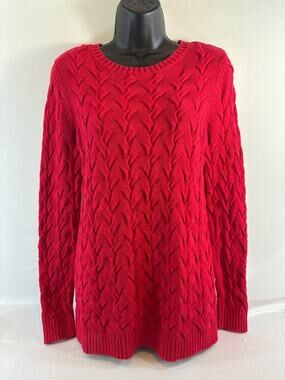 Lands' End Drifter Cable‎ Knit Red Cotton Sweater Womens S Cozy Classic